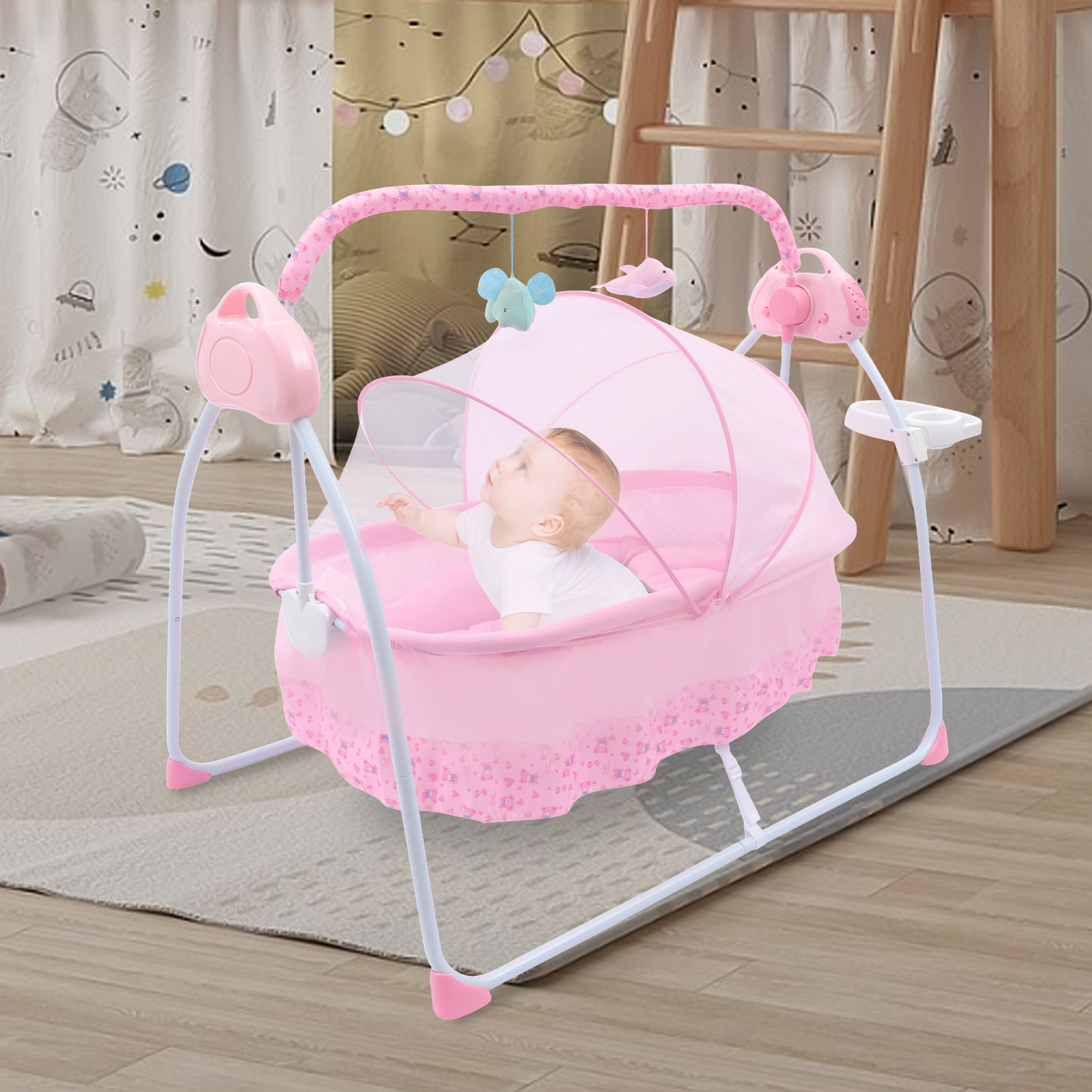 Berço do bebê balanço remoto auto balanço cama berço portátil balanço suporte assento para 0-18 meses bebê 5 engrenagens ajustável rosa sem bateria