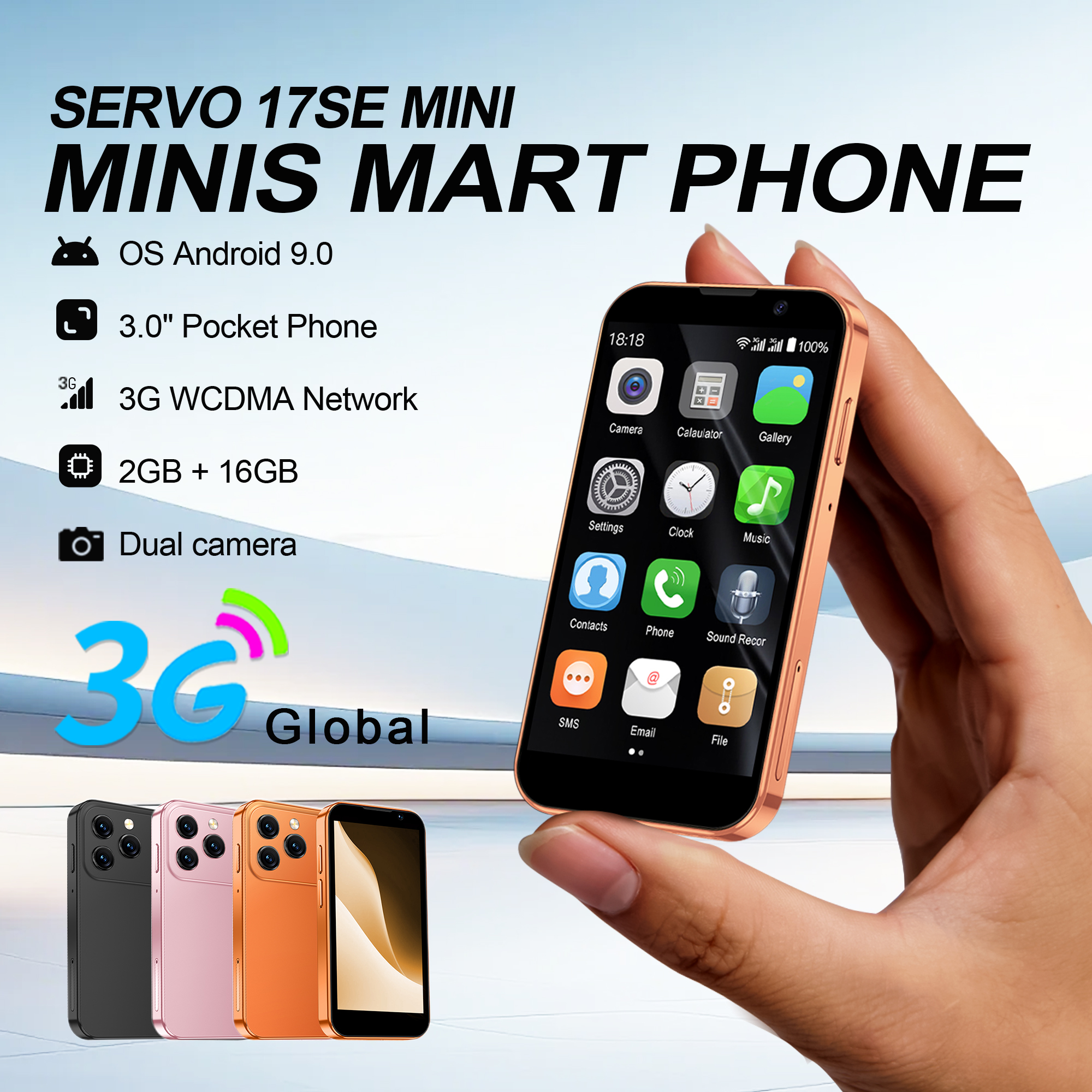 SERVO 17SE MINI Smartphone 3G WCDMA Android-System Dual-SIM 2GB RAM 16GB ROM 3,0-Zoll-Display Play Store Gesichtserkennung GPS Hotspot Kamera Taschenlampe Kleines Taschenhandy