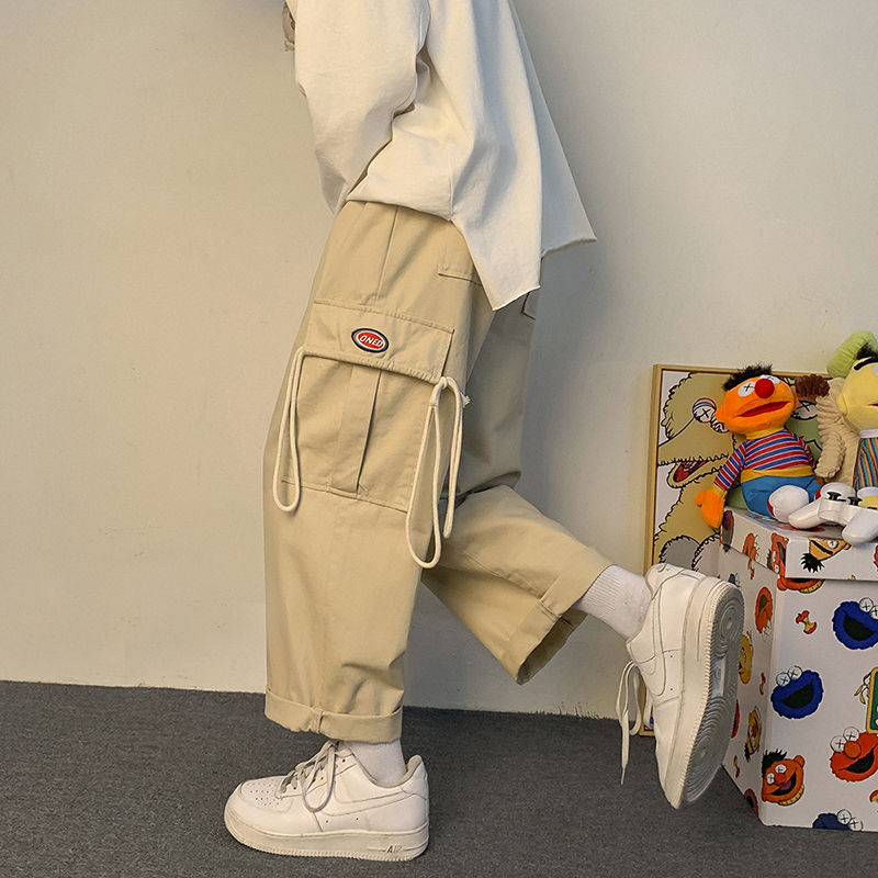 韓国スタイルワイドレッグコットンカーゴパンツ男性ストリートストレートハイキングオーバーサイズだぶだぶのスウェットパンツカジュアルズボンサイドポケット