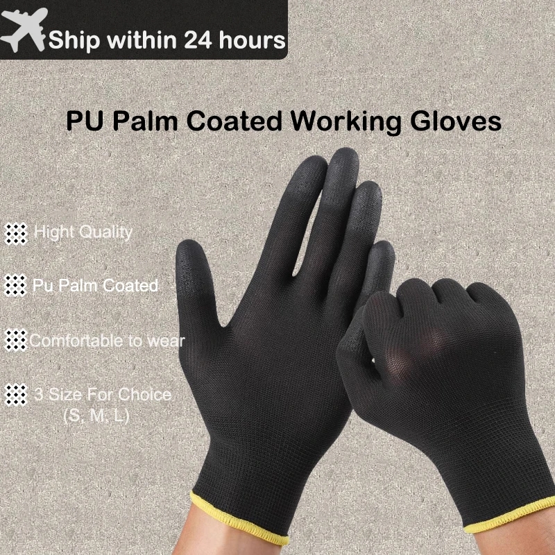 2/6/12 Pairs Nylon Knitted Gloves With PU Coated Work Safety Gloves Gardener Builder Driver Mechanic Protective Gloves Supplies