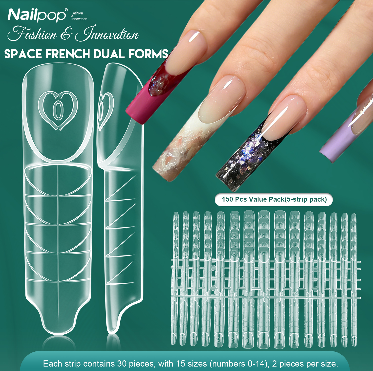 Многоразовые формы для наращивания ногтей Nailpop Space Nail Dual Forms, 15 размеров, для полигеля, для домашнего и салонного использования, 30/60/75/150 шт.
