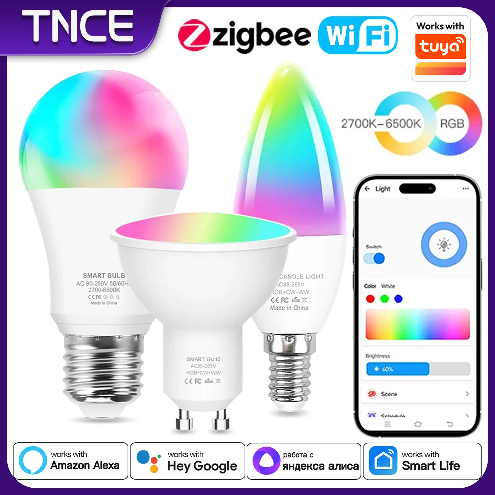 TNCE Tuya gu10 E27 E14 WIFI Zigbee、調光可能なライト LED ランプ 2700-6500k RGB 電球、スマートライフ、音声 Alexa Google ホームアリス