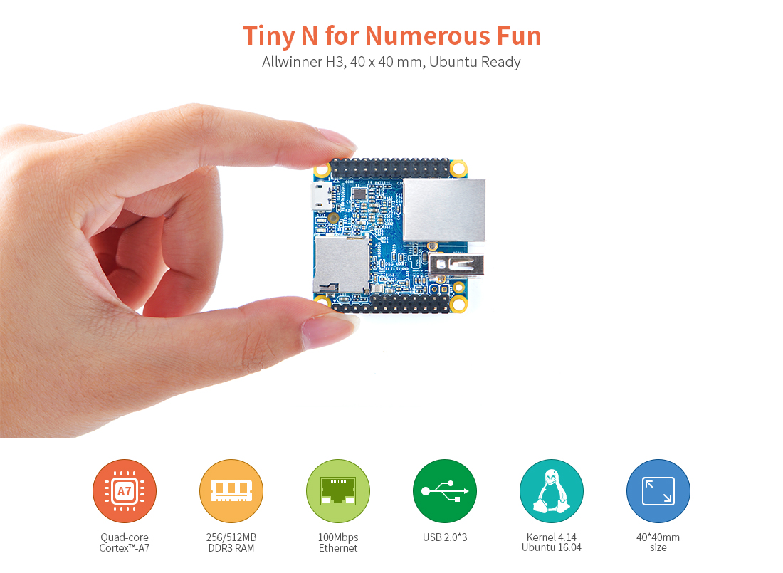 NanoPi Neo V1.4 LTS 512Mb DDR RAM Allwinner H3 Quad Cortex-A7 Up to 1.2GHz, OpenWRT, Support Ubuntu Linux Armbian DietPi Kali