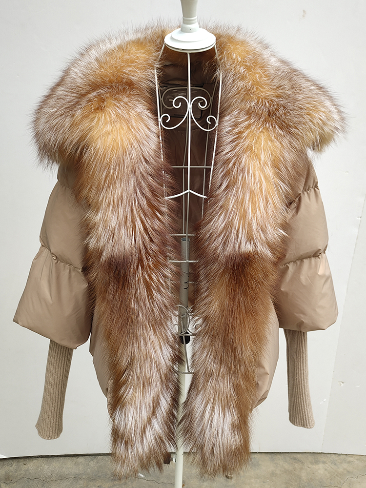 FURYOUME, abrigo de invierno para mujer, chaqueta de plumón de pato blanco con cuello de piel de zorro plateado grande, prendas de vestir exteriores holgadas para mujer, abrigo de moda