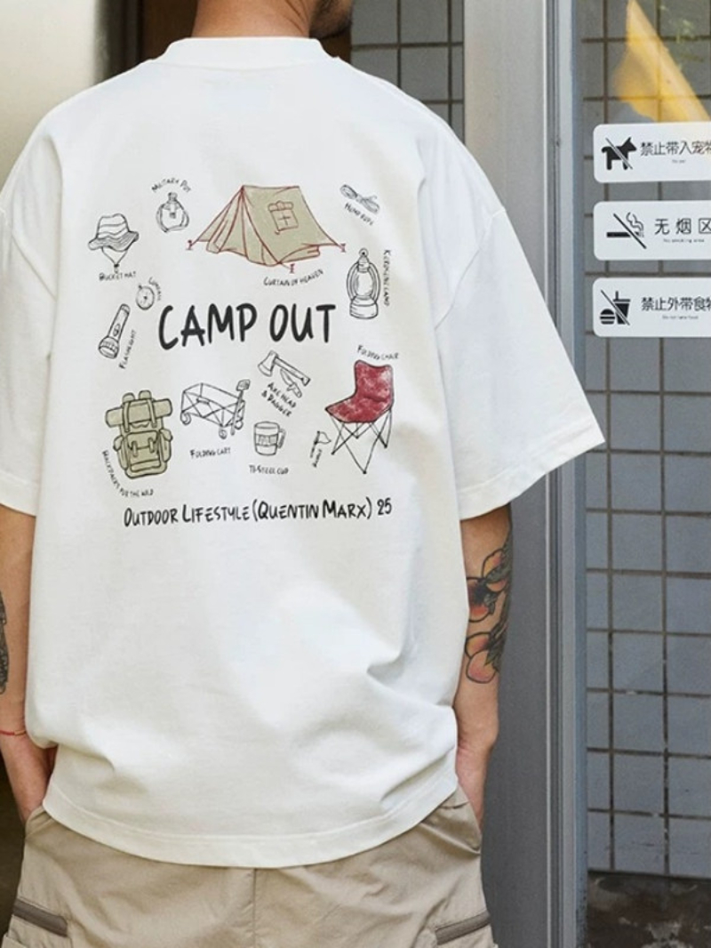 Camiseta Masculina Japonesa de Manga Curta, Gola Redonda, Solta, Casual, para Camping, Estilo Moderno com Estampa