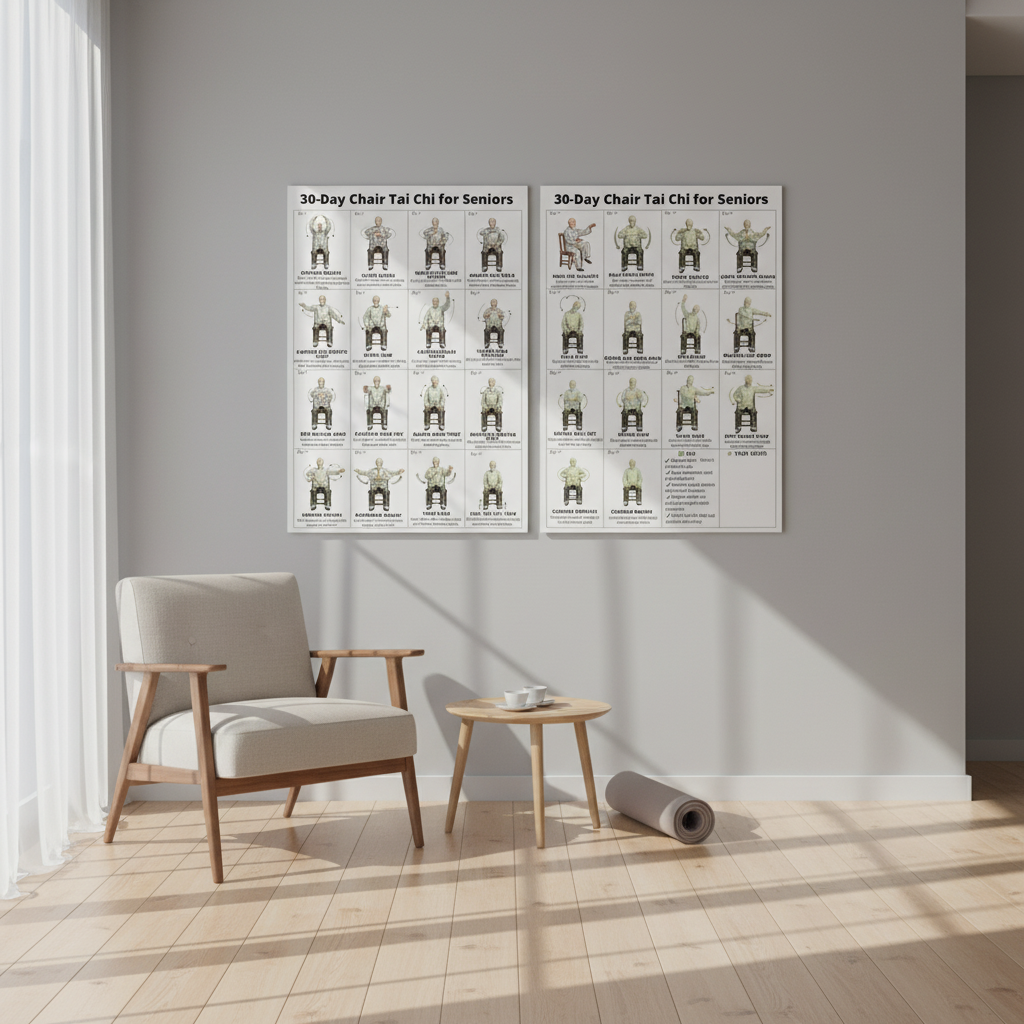 30 Day Tai Chi Exercise Plan for Seniors Home Fitness Poster with Clear Illustrations and Instructions