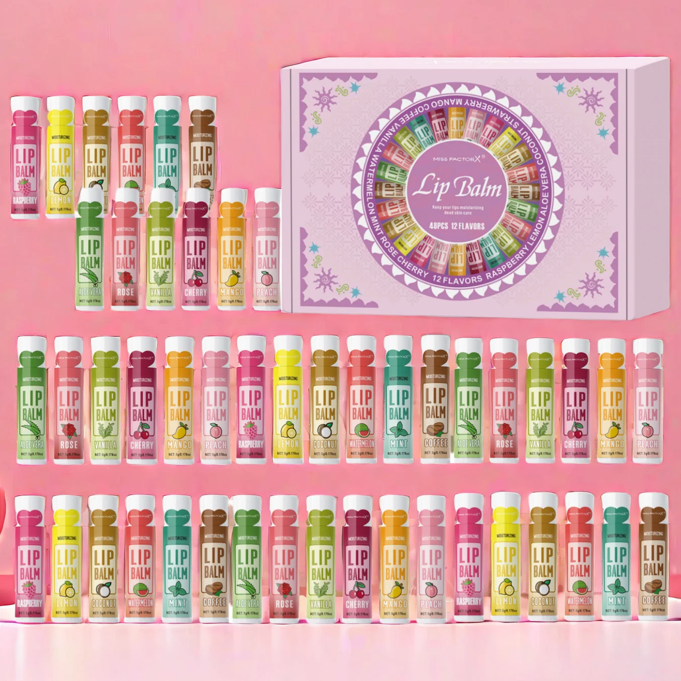 48PCS/ Box Moisturizing Lip Balm Set 5g12 Flower Fragrance Natural Fragrance Moisturizing and Brightening Lip Color Holiday Gift