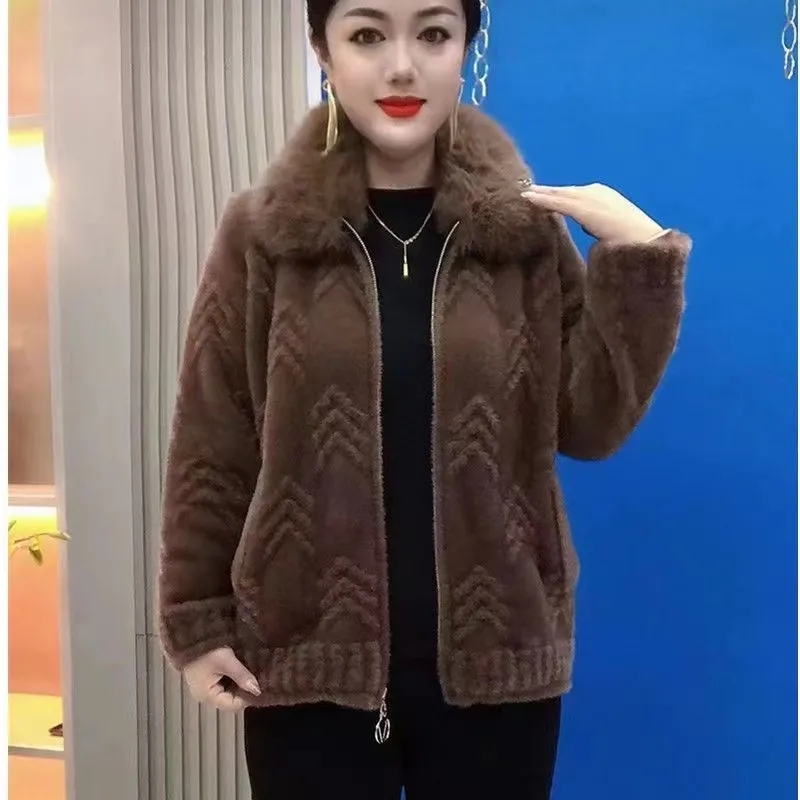 Cardigan lavorato a maglia da donna spesso di grandi dimensioni imitazione visone velluto maglione cappotto giacca di lana lavorata a maglia con cerniera collo di pelliccia madre di mezza età