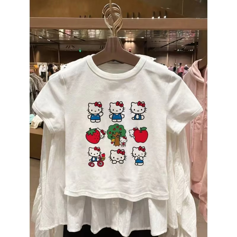 Nuova Collezione Estiva 2026: T-shirt per Bambini Hello Kitty in Cotone Puro, Stampa Cartone Animato, Maglietta a Maniche Corte Carina
