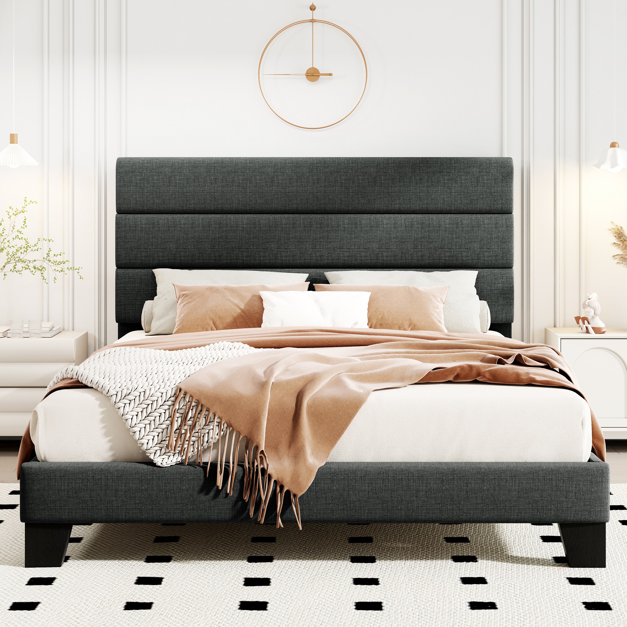 Rangka Tempat Tidur HOOMIC dengan Headboard, Tempat Tidur Platform Kain, Bilah Kayu Kuat Mendukung Panel Kasur Tempat Tidur Fondasi Allewie