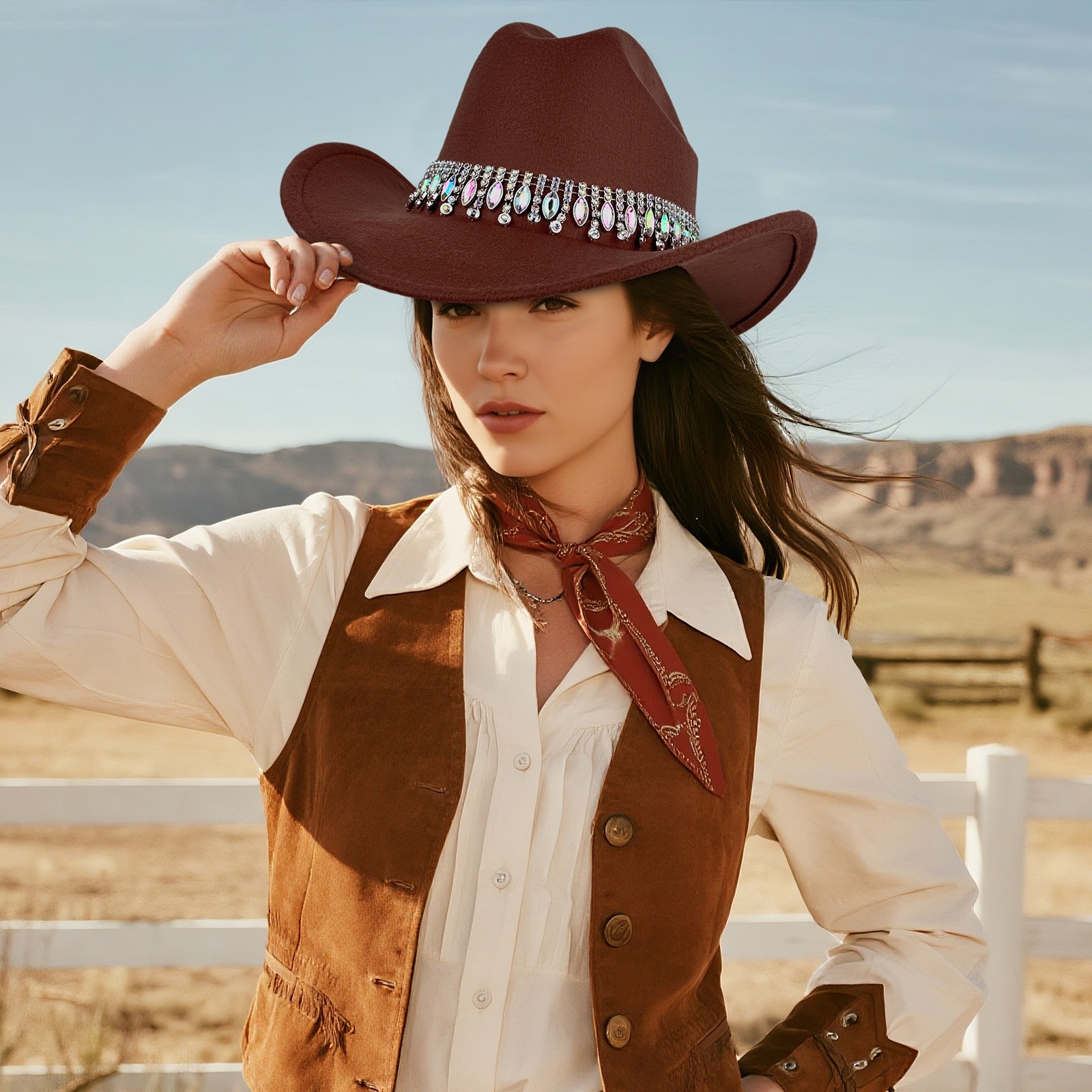 Chapéu de Cowboy Retro Feminino JEWELRYWE com Corrente de Strass, Chapéu Ocidental Brilhante