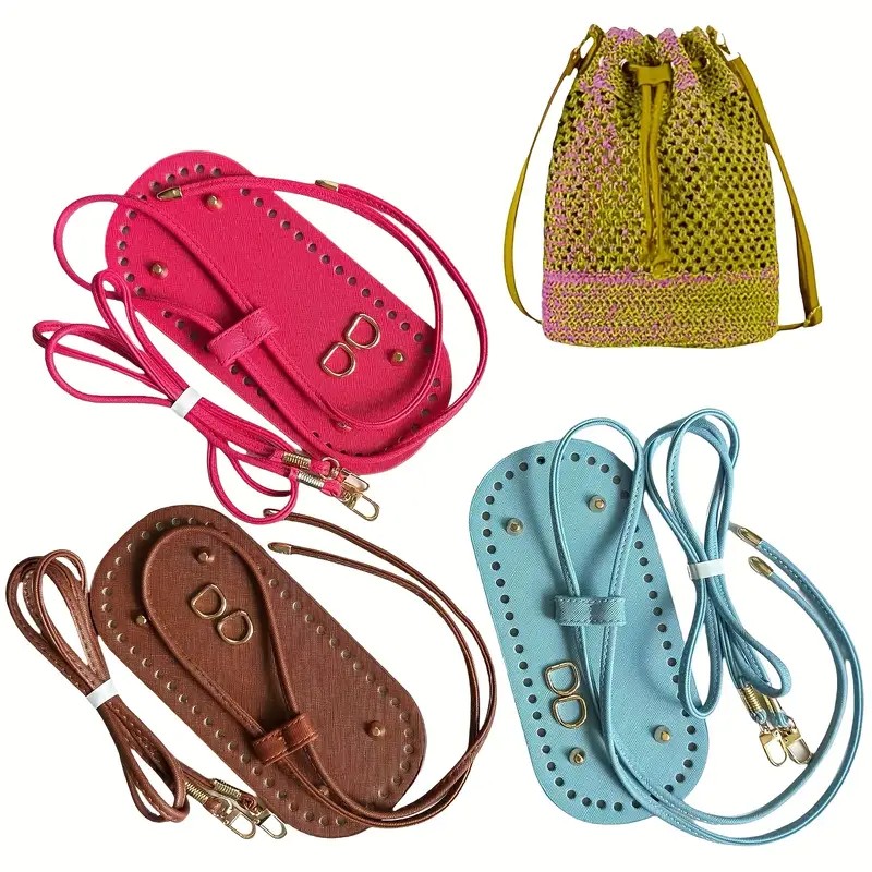 3-delige set 22cm DIY gehaakte tasaccessoires met ovale basis - verstelbare schouderriem, trekkoordsluiting, duurzame basis van kunstleer, handgemaakte tasaccessoires, voor handgemaakte ambachten, doe-het-zelf portemonnees en handtassen, handgemaakte tasa
