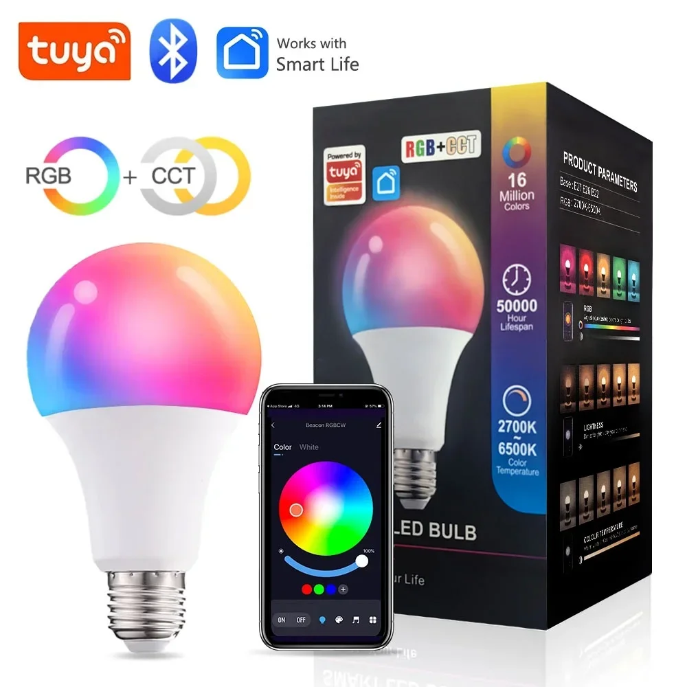 Tuya E27 Led 전구 블루투스 스마트 전구 9W 색상 변경 빛 디 밍이 가능한 RGB Led 램프 220V 110V 스마트 라이프 App 제어 A60