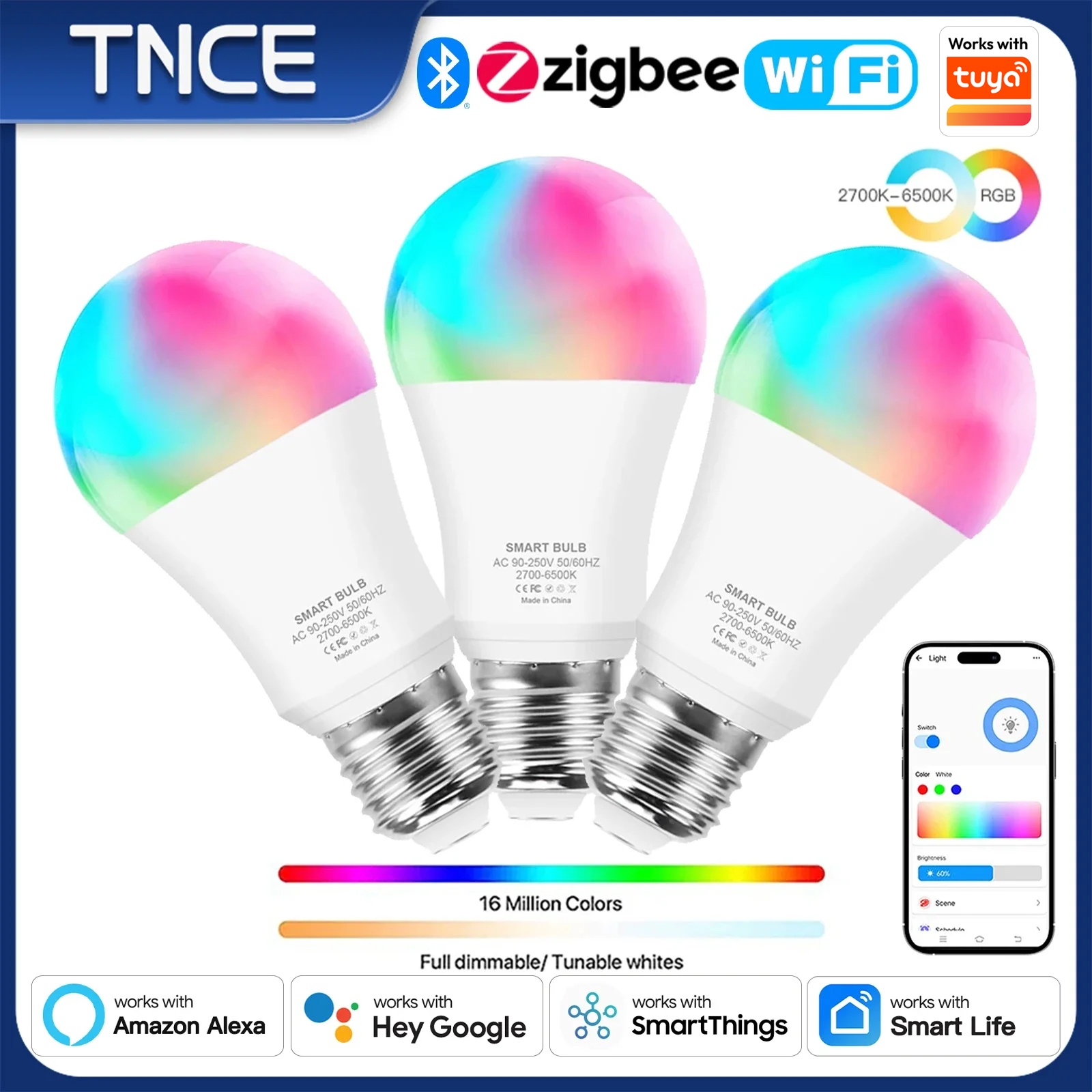 TNCE Tuya E27 ampoule WIFI Zigbee Bluetooth, lampe LED à lumière variable 2700-6500k RGB, application Smart Life, voix avec Alexa Google Home