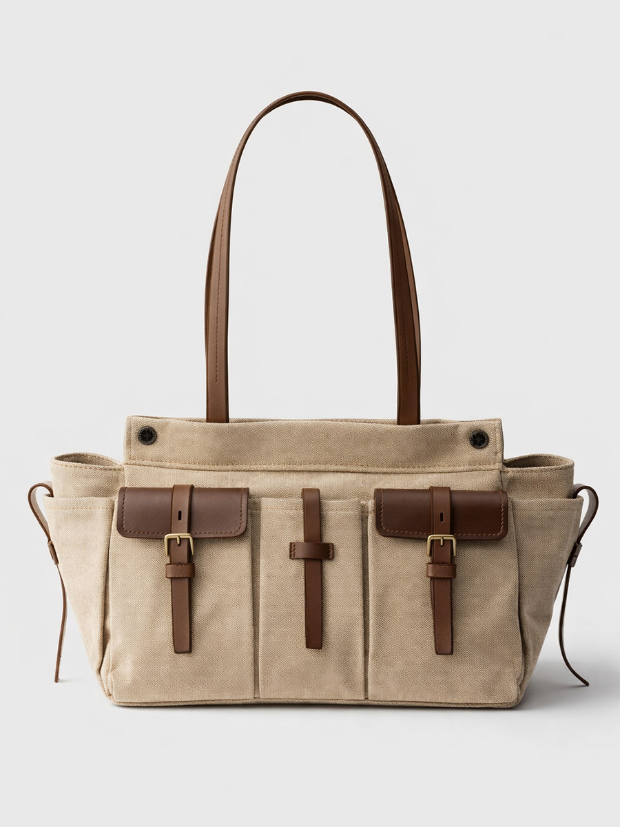 Bolsa Tote de Luxo em Lona e Couro com Múltiplos Bolsos, Bolsa de Ombro Vintage com Fecho de Zíper para Mulheres, Bolsa Estilo Motociclista, Leve