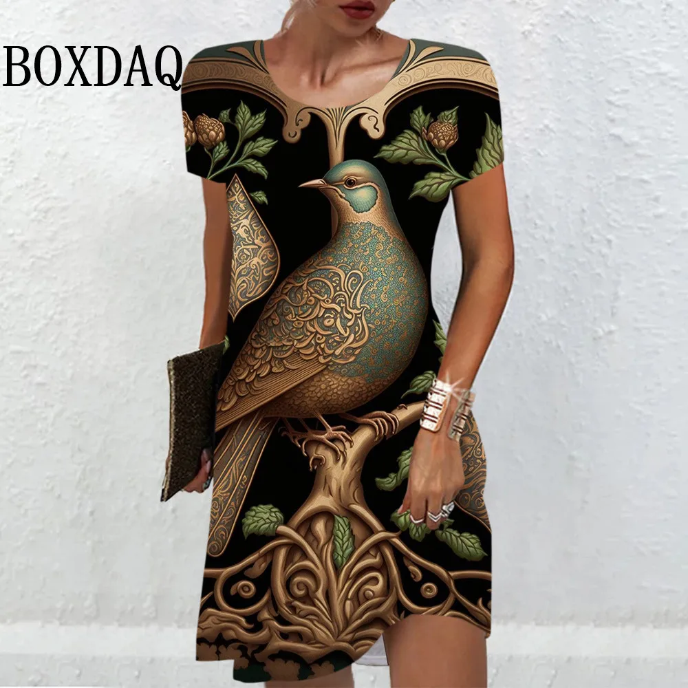 Vestido Vintage con estampado de pájaros en 3D para mujer, holgado minivestido de manga corta, Jersey informal, ropa Retro, novedad de verano