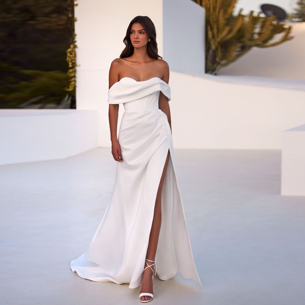 Off-ombro vestido de casamento, cetim plissado bainha, Backless vestido, Lace Up, Split Side, Tribunal