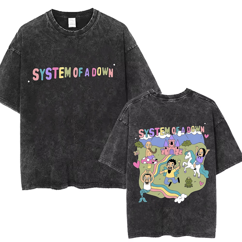 Lavato Vintage System of A Down Tshirt Uomo Donna Cotone Qualità Manica corta Tees Maschile Rock Music Band Cartoon Graphic T-shirt