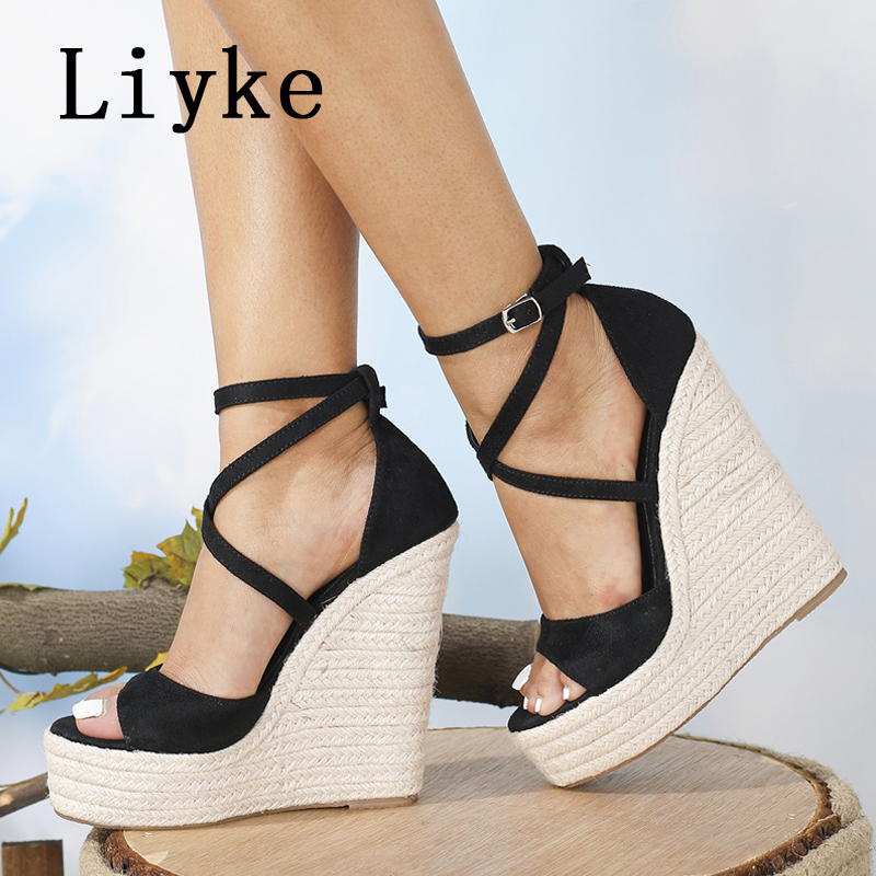 Liyke taille 35-42 plate-forme sandales à talons compensés Sexy mode fond épais bout ouvert boucle sangle noir talons hauts femme chaussures été 2026
