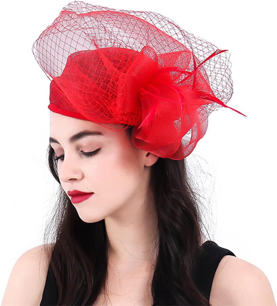 Woman Fascinator Hat Pillbox Derby Hats Linen Feather with Veil Vintage Bridal Wedding Tea Party Cap
