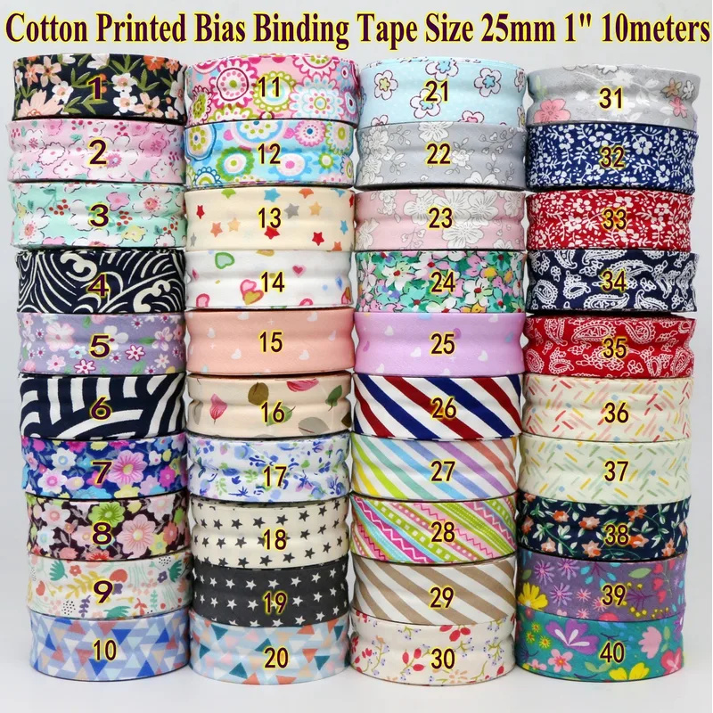 Pita Pengikat Bias Katun Seri Bunga - 25mm x 10m, Cetak Bunga untuk Jahit, Buatan Tangan & Tepi Kain