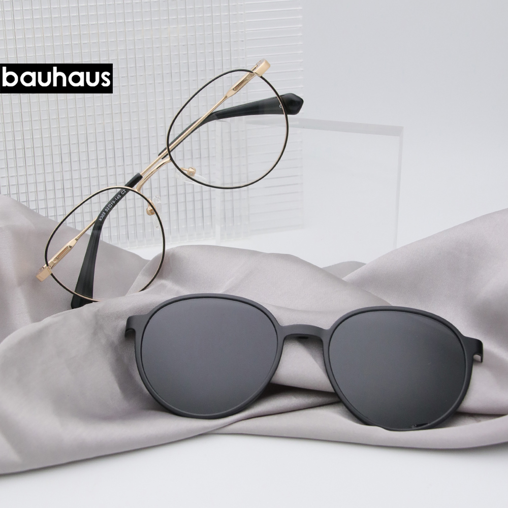 Kacamata Optik Bulat Logam Stainless Steel Trendy Terbaru X303 Bauhaus dengan Klip Magnetik Terpolarisasi