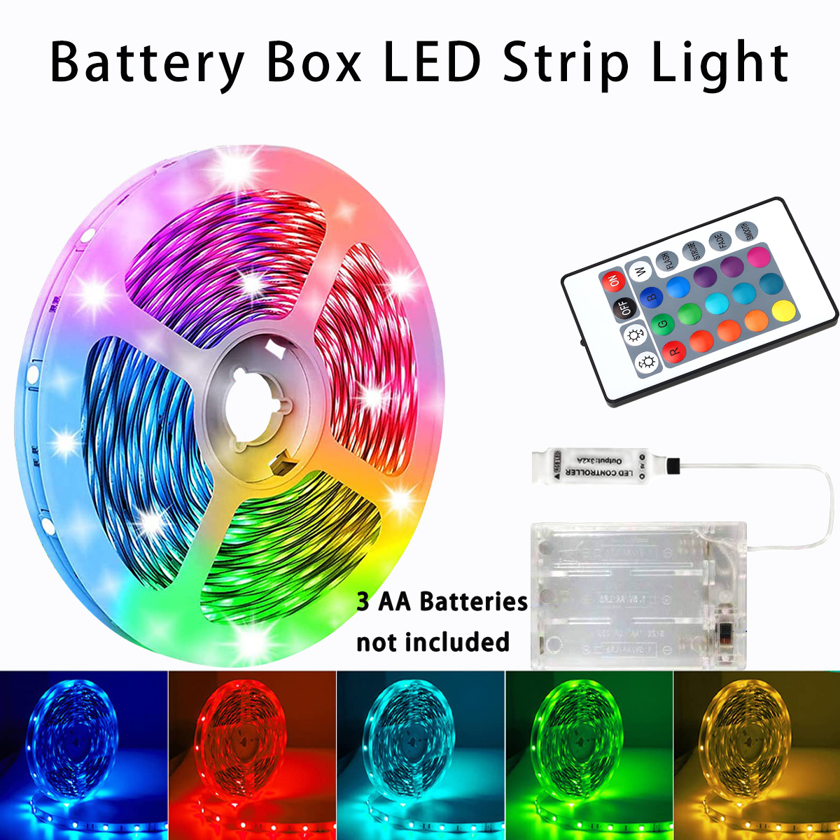 Faixa de luz LED flexível que muda de cor alimentada por bateria com controle remoto para retroiluminação de TV, bares, armários e quarto DIY
