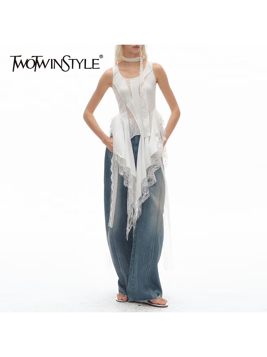 TWOTWINSTYLE Gilet asymétrique en dentelle transparente pour femme, col carré, sans manches, patchwork, froncé, tendance, nouveauté