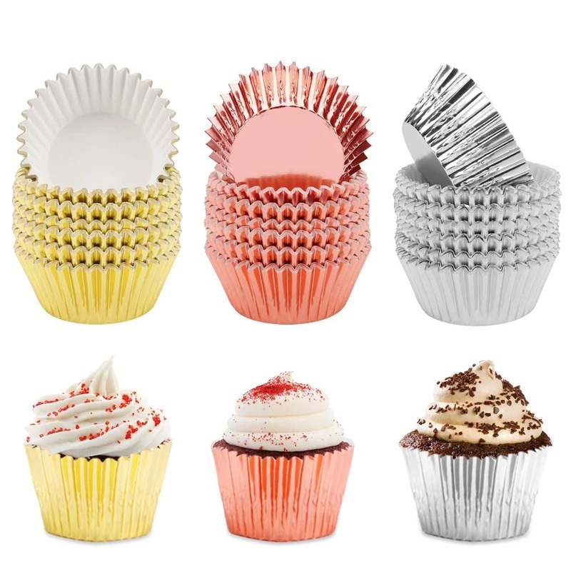 100 buah Foil metalik Cupcake liner Muffin kertas kasus kue cangkir mawar emas pernikahan ulang tahun pesta bayi perlengkapan memanggang