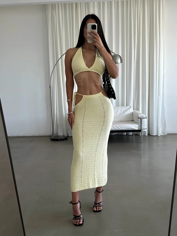 Set Rajut Crochet Tossy Dua Potong, Atasan Halter Crop Top, Rok, Kerah V Dalam, Tanpa Lengan, Rajutan, Liburan Pantai, Potongan Samping, Paduan Sempurna, Basic Musim Panas