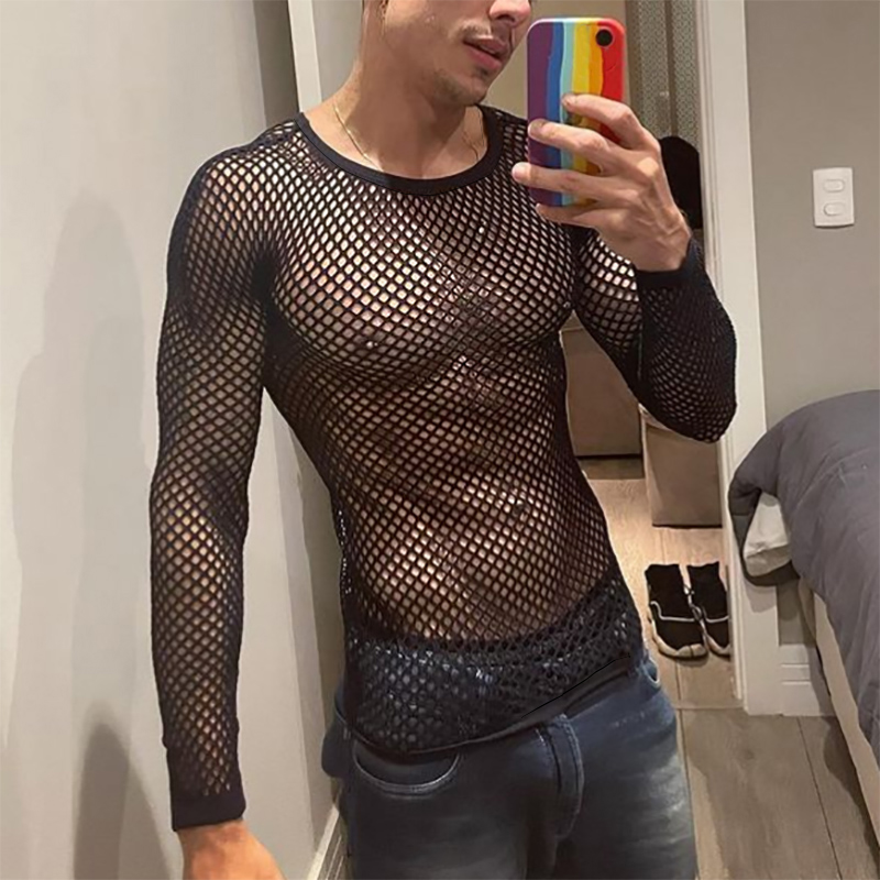 Mannen Visnet Mesh T-shirts O-hals Lange Mouw Transparante Tops Spier Ondershirt voor Mannelijke Sexy Nachtclub Gothic Punk Streetwear