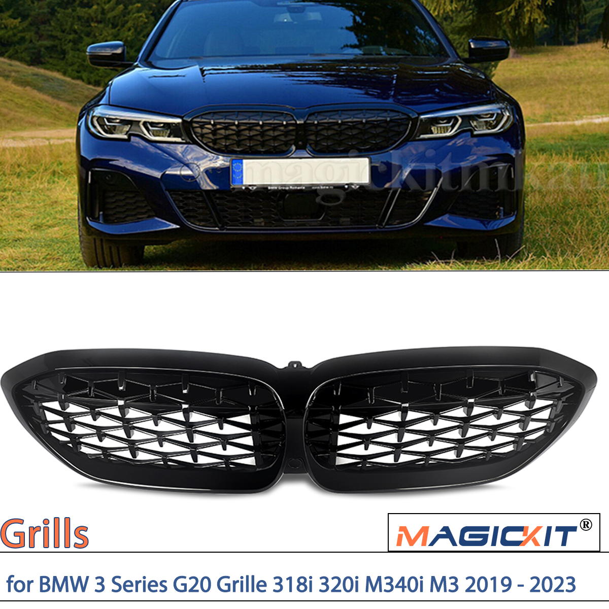 MAGICKIT do BMW serii 3 G20 Saloon/G21 Estate 2018-2021 przedni grill nerkowy z czarnym połyskiem akcesoria samochodowe