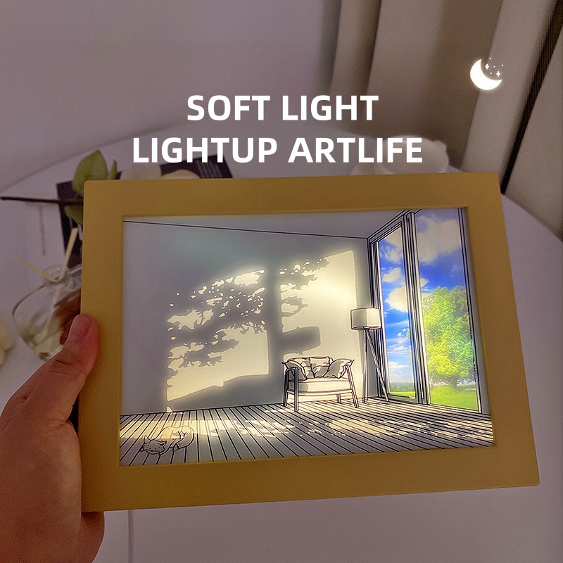 Piękne światło LED Malowanie Wewnętrzne światło słoneczne Okno Drewniane światło fotograficzne Ściemnianie grafiki ściennej Lampa stołowa Wystrój domu Lampka nocna