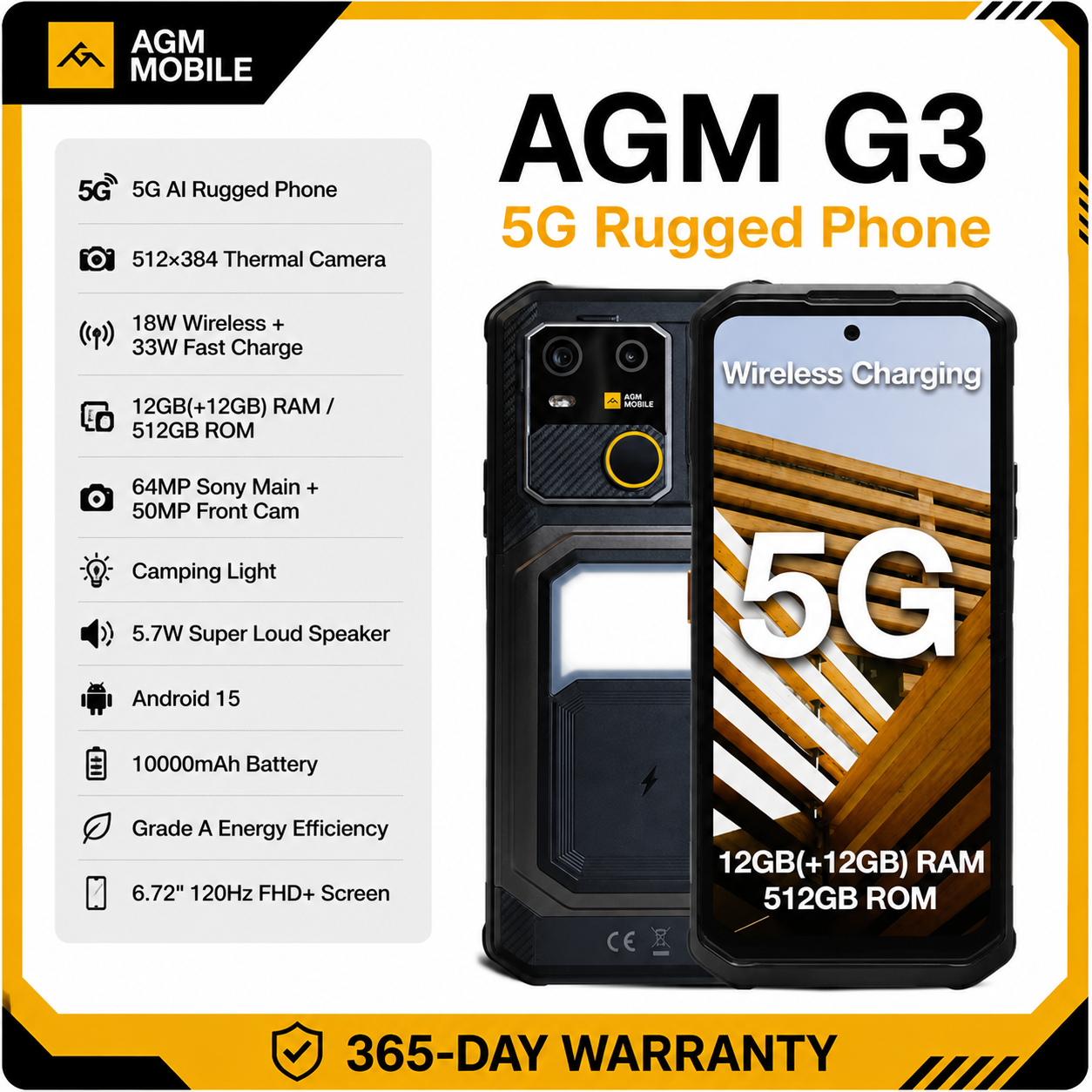 AGM G3 5G 러기드폰 24GB(12+12) 512GB 무선 충전 10000mAh 배터리 6.72인치 120Hz 디멘시티 7300 안드로이드15 캠핑 라이트