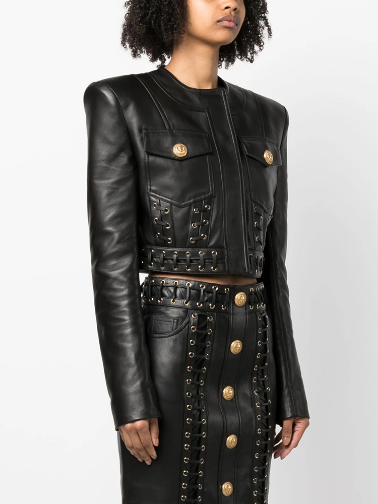 Giacca in Pelle Sintetica da Donna con Scollo a O e Lacci, Ultima Moda 2026, Design Esclusivo