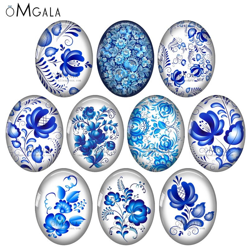 Niebieski rosja Folk kwiaty sztuka wzory 10 sztuk 13x1 8mm/18x2 5mm/30x40mm owalne zdjęcie szkło cabochon demo mieszkanie powrót dokonywanie ustaleń