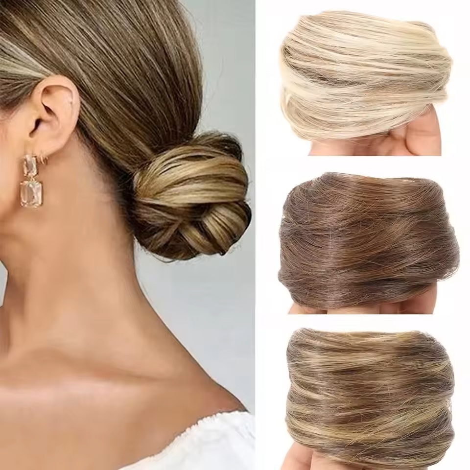 Synthetic Easy Wear Bun Ponytail Hair Accessories Scrunchies Wavy Stretchy Chignon Bun Hair With Elastic Rubber Band For Women