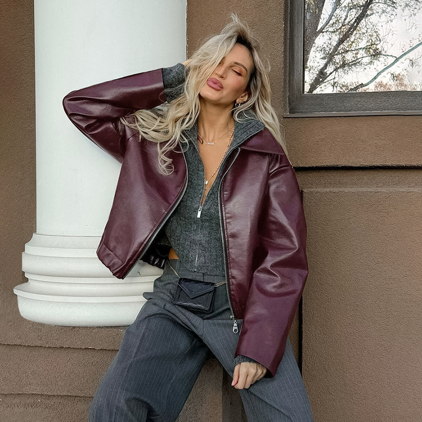 Chaqueta para mujer, prendas de vestir exteriores, chaqueta recortada de piel sintética, cazadora Borgoña de manga larga de otoño, Chaqueta corta informal con cremallera