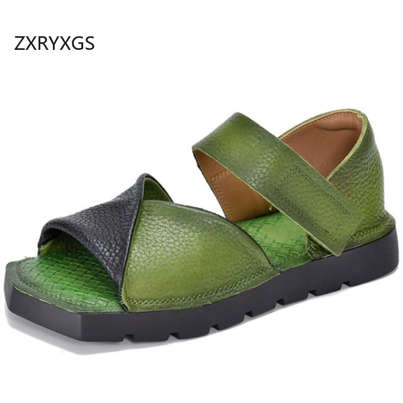 ZXRYXGS Top Layer Cowhide Spell Colors Women Fashionable Sandals 2026 New Trendy Summer Fish Mouth Sandals Women's Flat Sandals