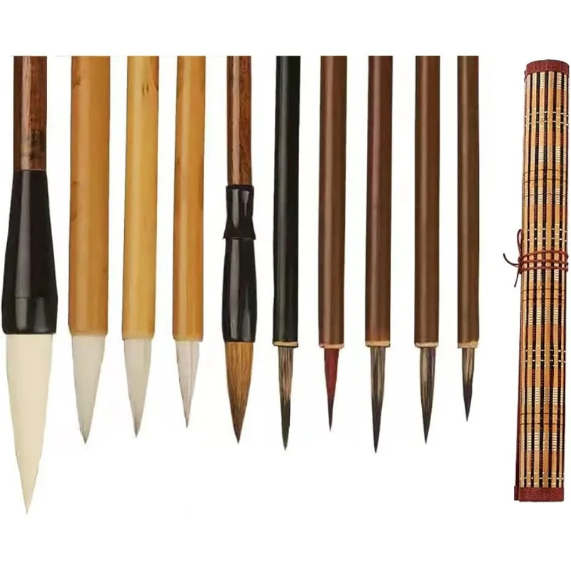 Juego de 10 pinceles chinos seleccionados, pincel de caligrafía/pintura china de nivel profesional, viene con una bolsa de almacenamiento portátil para escribir y