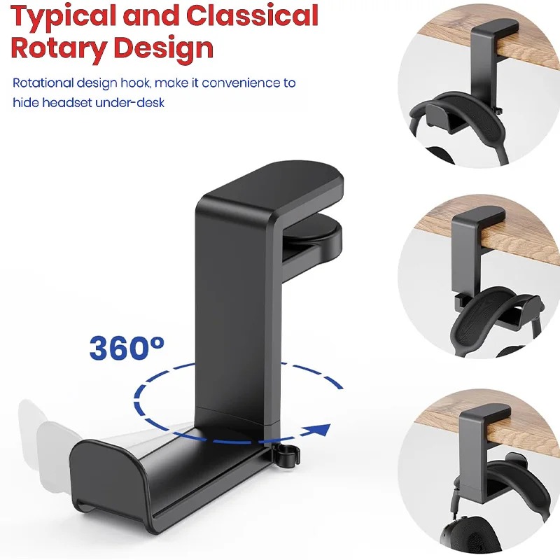 ノーパンチテーブルクリップフックヘッドフォンホルダー360度回転ヘッドフォンホルダー雑多な収納吊り下げ