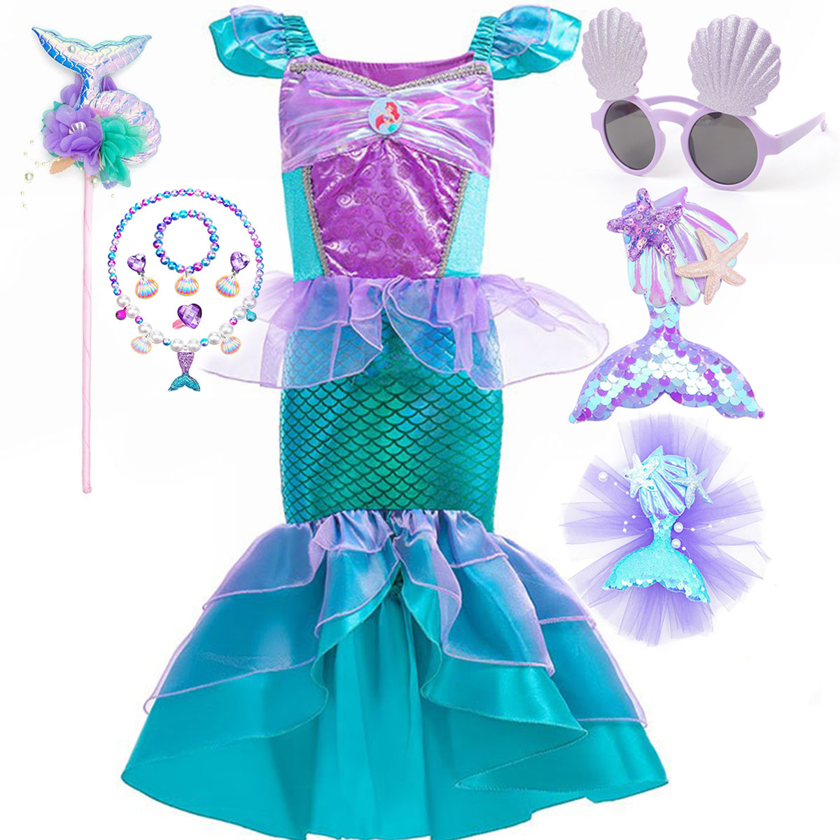Disfraz de princesa Ariel de la Sirenita de Halloween para niñas, vestido de Cosplay para niñas, vestido de sirena para fiesta de cumpleaños y carnaval