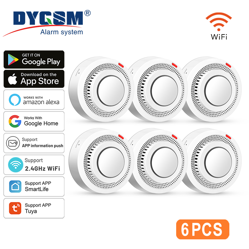Paquete de 6 sensores de humo inteligentes Tuya WiFi, Control por aplicación Smartlife, alarma de humo de 85dB en el sitio, compatible con Alexa y asistente de Google