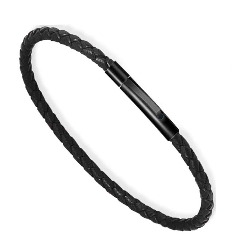 Pulsera trenzada de cuero negro para hombre, brazalete de alambre de acero, eslabones de cadena, 16cm, 18cm, 20cm, 2mm, 3mm