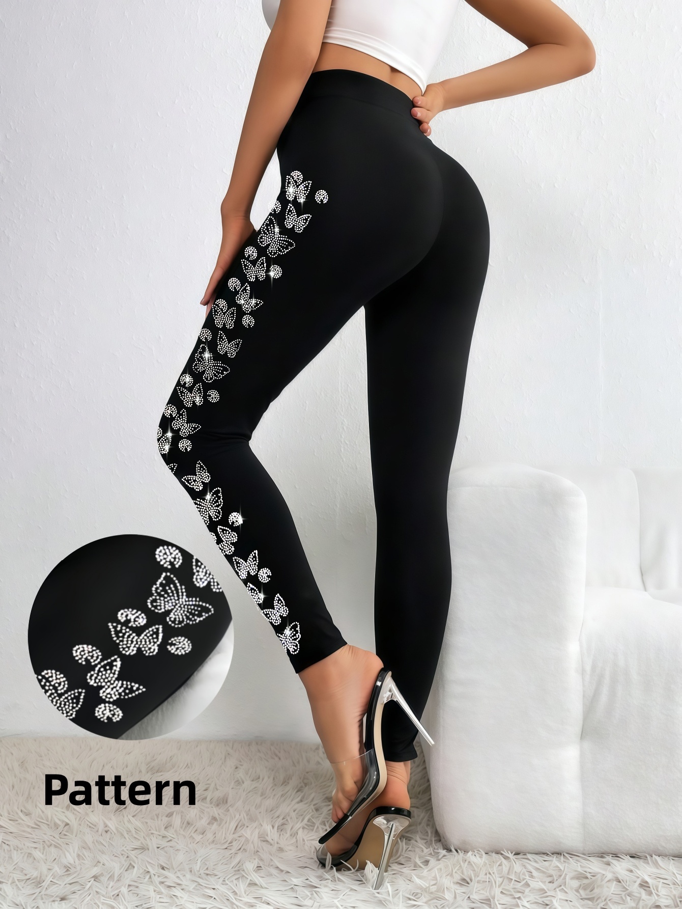 Leggings negros para mujer con diseño lateral de mariposa, mallas con diamantes de imitación brillantes de cintura alta, elásticos de moda para Streetw
