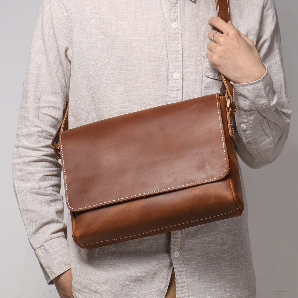 Bolsa Mensageiro Retro Crazy Horse Masculina, Pasta para Trabalho, Costura Flip, Alça Ajustável, Estilo Vintage, Compatível com iPad de 11'', Presente