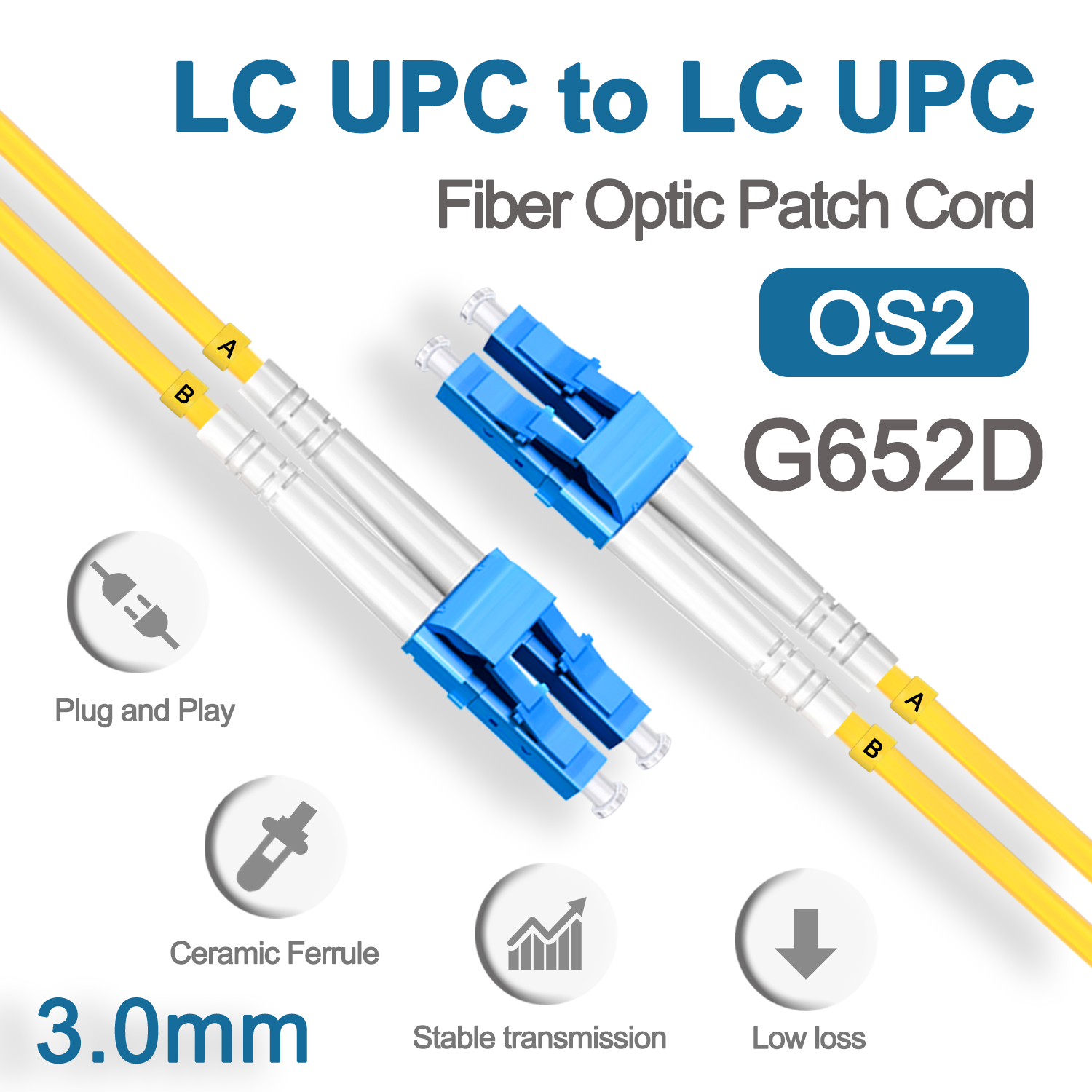 Câble de raccordement à Fiber optique LC UPC, cordon OS2 de 3.0mm, monomode Duplex 1m 3m 5m PVC G652D SM 1310/1550nm FTTH