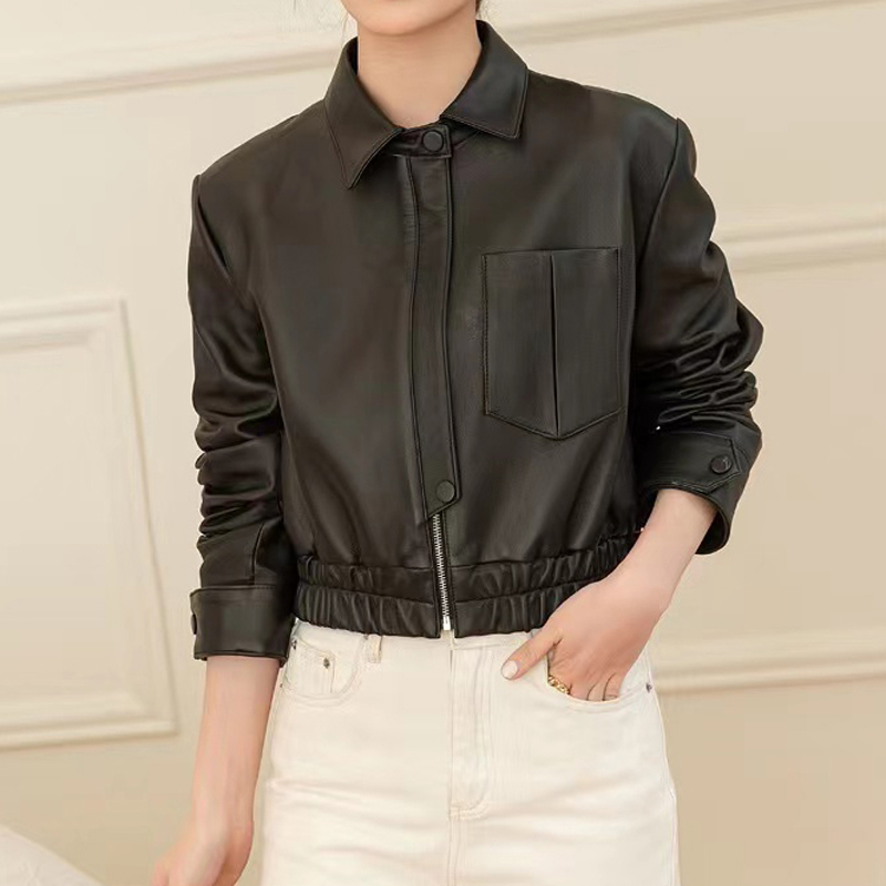 Chaqueta corta de cuero para Mujer, Top informal con banda elástica en la cintura, ropa universitaria, Claret, 2023