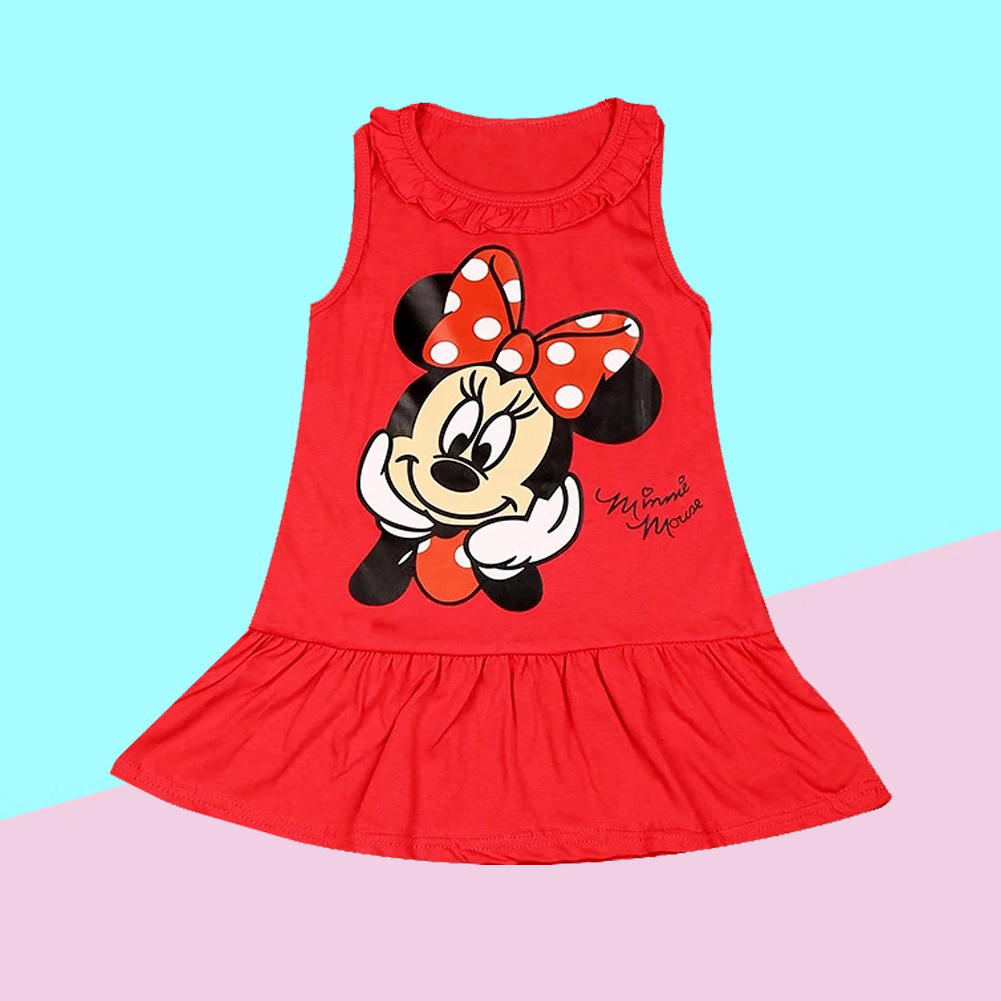 Nova moda bebê meninas vestido de verão dos desenhos animados algodão vermelho minnie vestido princesa roupas da menina das crianças 1-6years