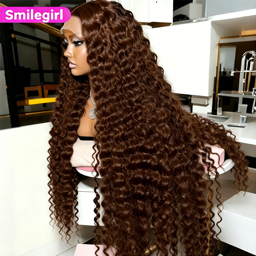 Pelucas de Cabello Humano Ondulado Profundo Marrón Chocolate con 250% de Densidad, Peluca de Cabello Humano con Encaje Frontal HD 13x4 13x6, Línea de Cabello Natural, Ondas Rizadas, Peluca Frontal de Encaje de 30 40 Pulgadas para Mujeres Negras